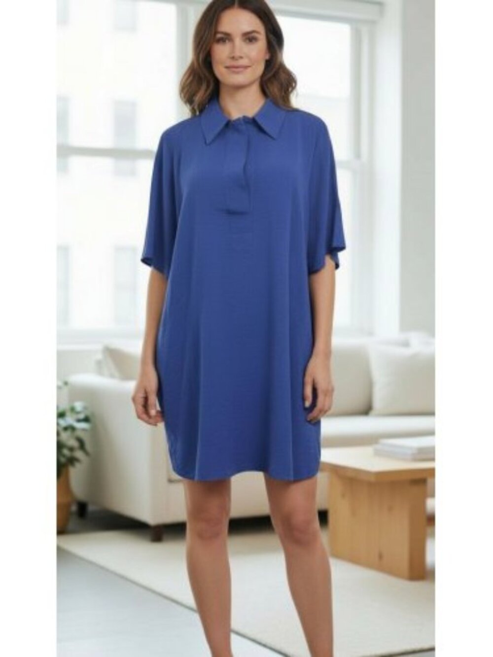 STUDIO 1886 V Neck Silky Blue Short Sleeve Dress Ladies XL Size 16 Pockets